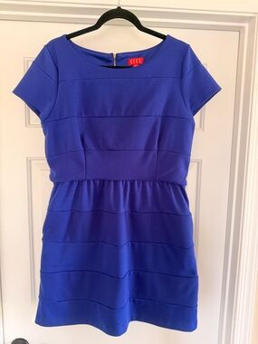 Elle Cobalt Blue Textured Short Sleeve Sheath Dress w/ Gold Zipper Sz 16